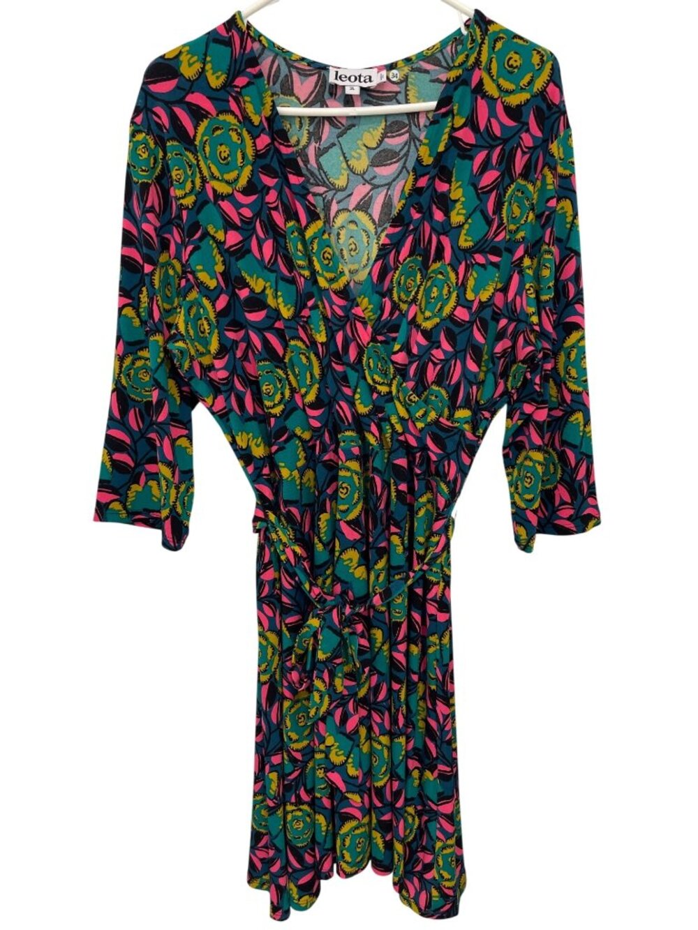 Leota Dress 3L Floral Faux Wrap 3/4 Sleeve V Neck Multicolor Boho Modern Retro